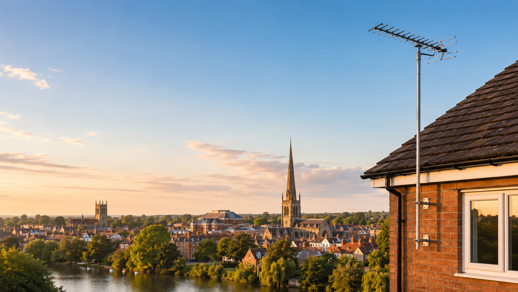 TV aerial above Stratford-upon-Avon rooftops at sunset